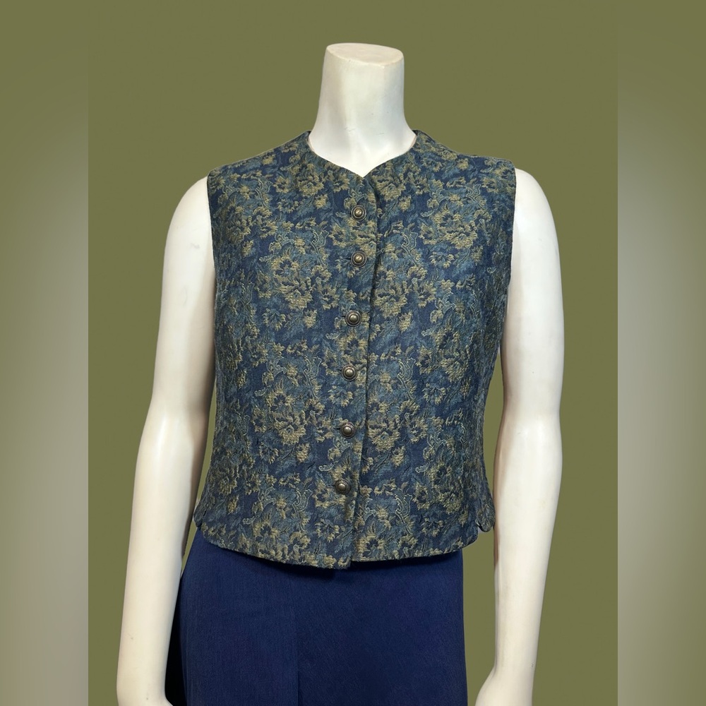 SOLD - 90s Vintage blue and gold Floral Brocade vest with Gold Buttons